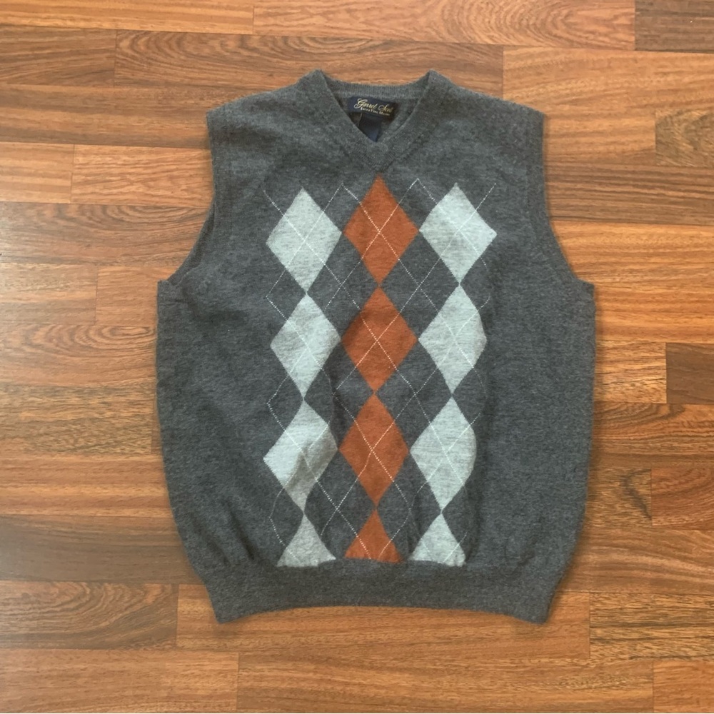 Garret Scott Extra Fine Merino Wool Sleeveles Argyle Sweater Men’s M Gray Preppy
